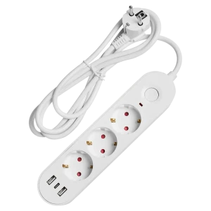 Удлинитель бытовой Skybeam 3x1 2 м 3 розетки с заземлением 3680 Вт с USB и выключателем цвет белый