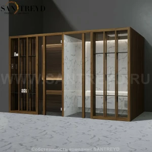 Effegibi YOKU.S SH YO.10310003 Комбинированная баня: хаммам и сауна. Установка: в левый угол. Мощность: 10,5 кВт макс. Размеры: длина 342 см, ширина 170 см. Отделка: чёрный орех и светлый керамогранит