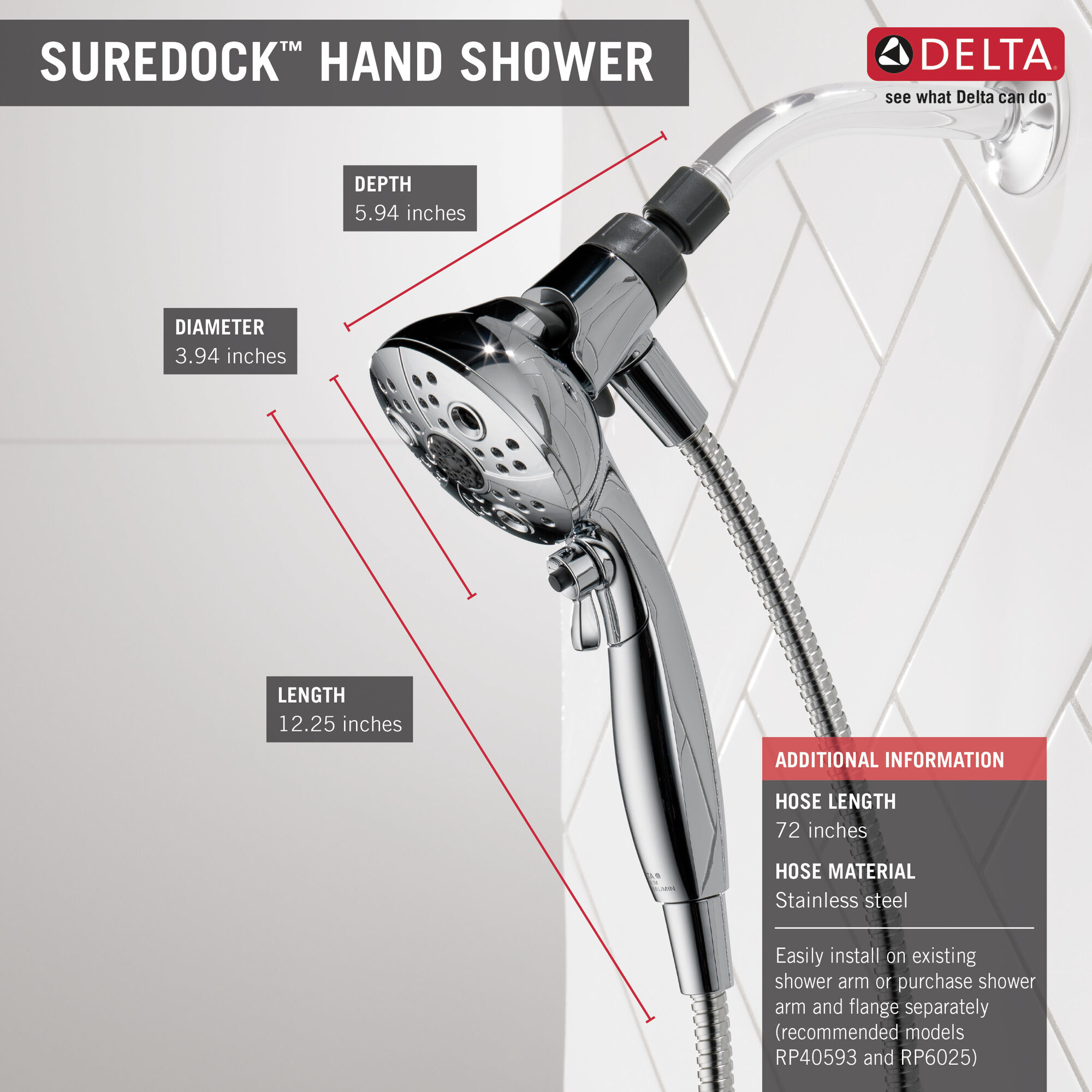 75507 Ручной душ SureDock ™ с 5 настройками Delta Faucet DELTA Хром - Вид №13