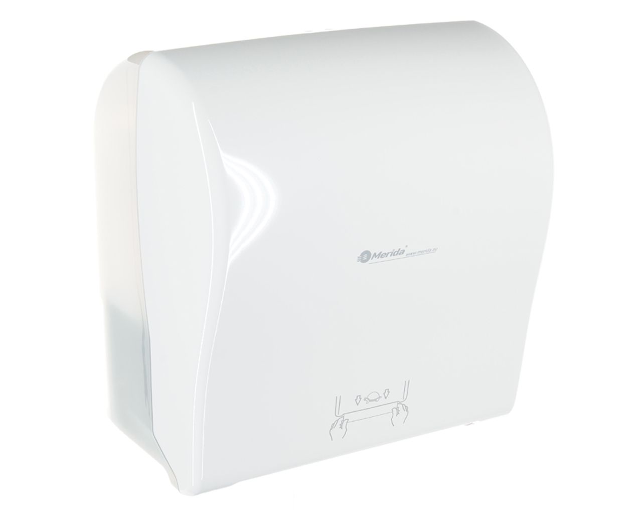 CJB304 Механический диспенсер для бумажных полотенец в рулонах SOLID CUT AUTOMATIC MAXI, АБС-пластик, полностью белая лицевая сторона - глянцевая, прозрачная светлая задняя - глянцевая Merida 