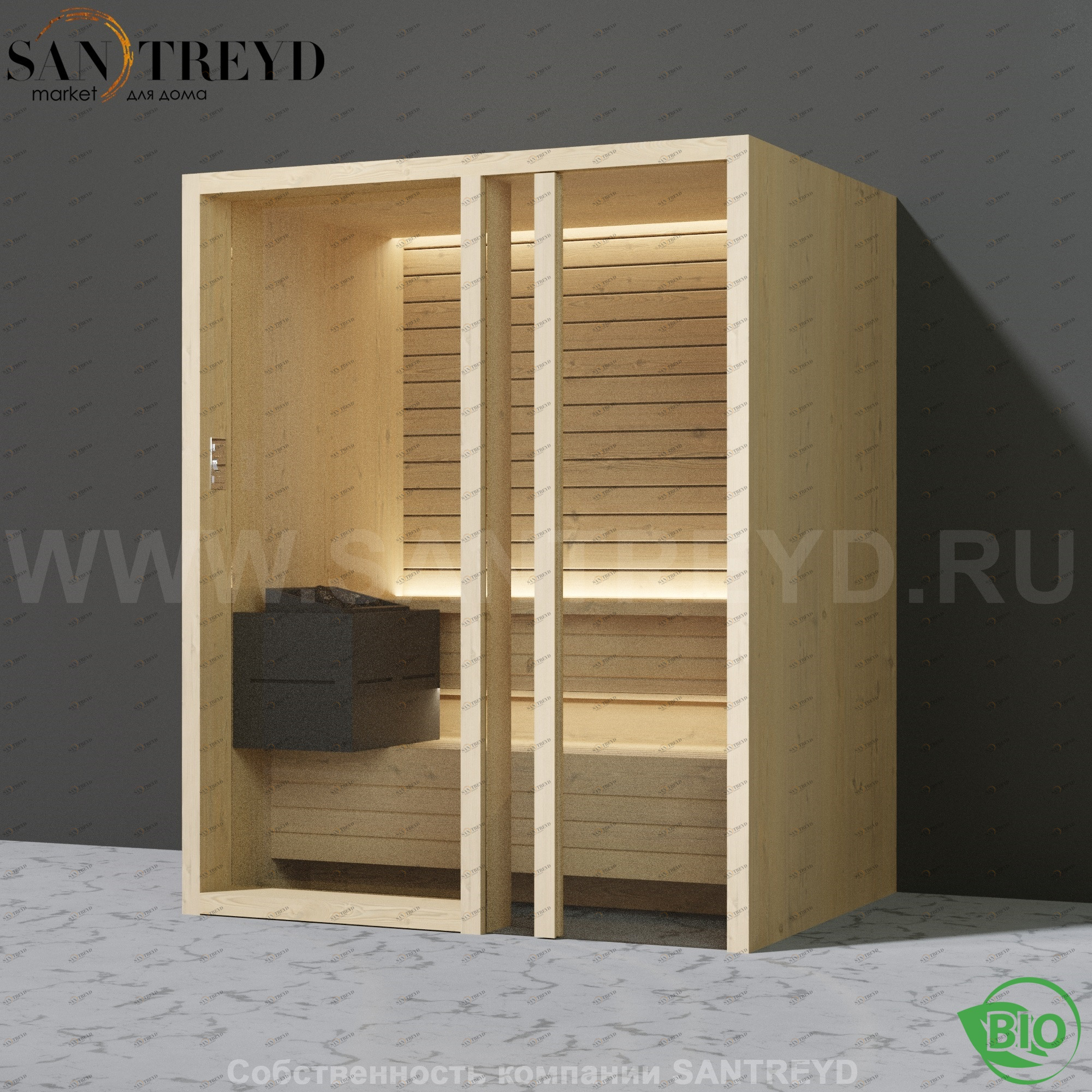 Effegibi YOKU.G45 BI.70300021 Био-сауна с правой дверью. Мощность: 4,5 кВт макс. Размеры: длина 174 см, ширина 132 см. Отделка: осина термообработанная BI70300021