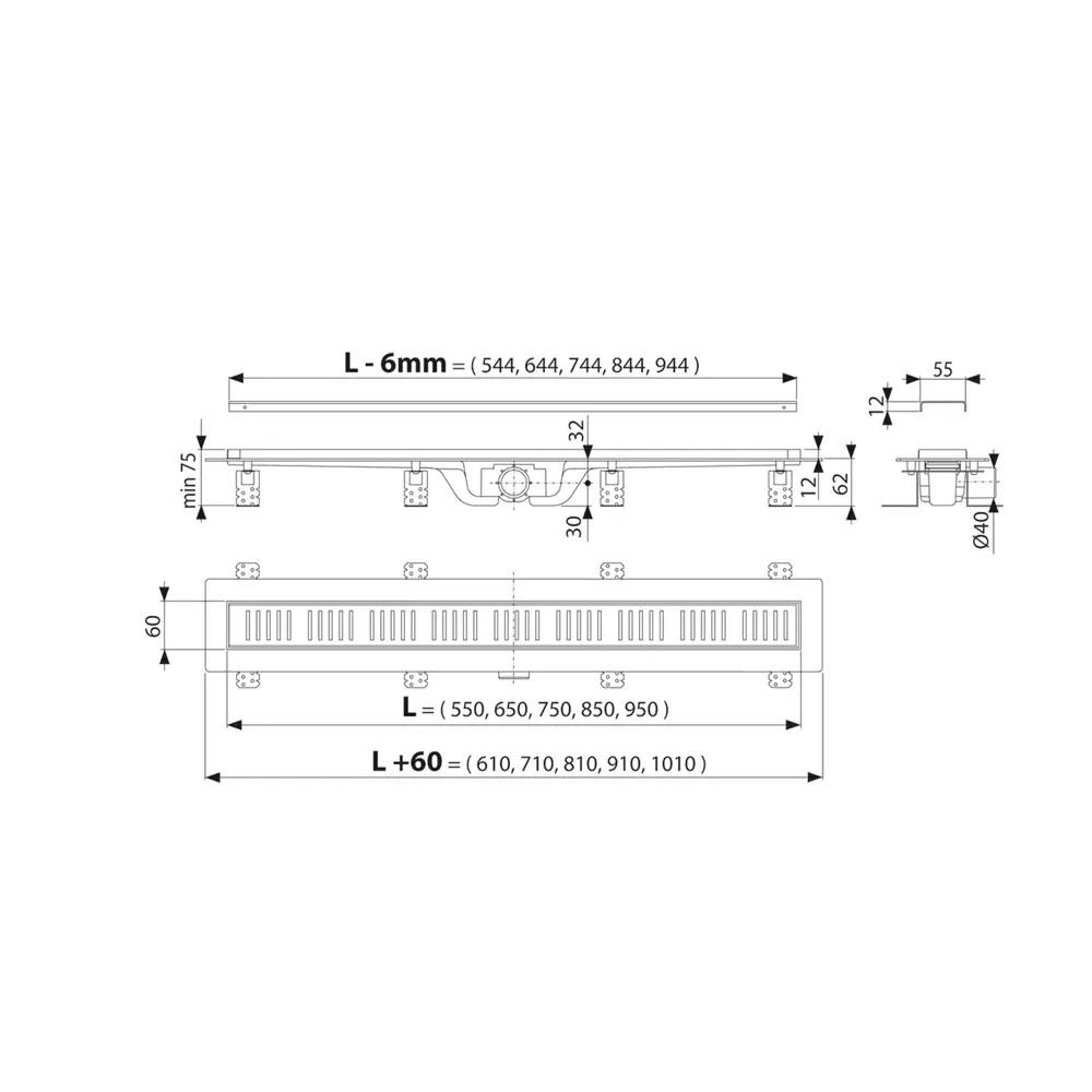 Трап для душа CPZ10-550 комбинированный затвор горизонтальный слив 60x550 мм Santreyd STLM-2055463 - Вид №1