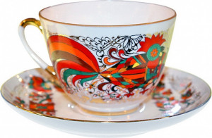99673 Императорский фарфоровый завод Чашка чайная с блюдцем "Красный петух" "Весенняя" Фарфор твердый