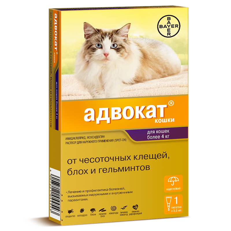 ПР0051308 Капли для кошек BAYER АДВОКАТ от чесоточных клещей, блох и гельминтов (4-8кг веса) 0,8мл, 1 пипетка Elanco 