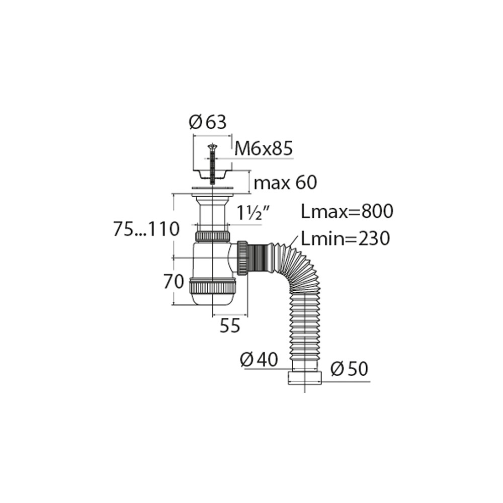 Сифон "МИНИ Элит" (30980678) с литым выпуском, нерж.чашкой д.63мм и гибкой трубой (1 1/2"– д.40) 30980678 Santreyd  - Вид №1