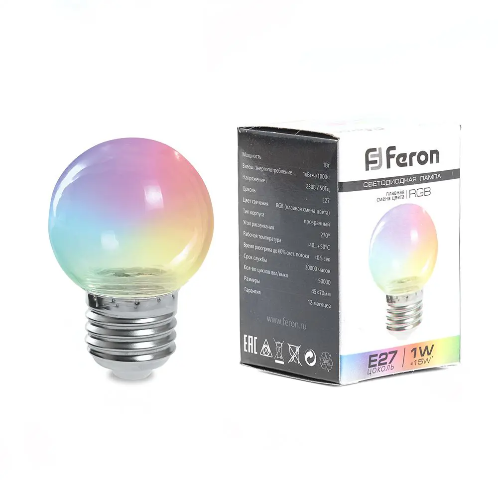 Лампа светодиодная Feron E27 LB-37 220 В 1 Вт шар регулируемый цвет света RGB прозрачный плафон STLM-2068331 - Вид №1