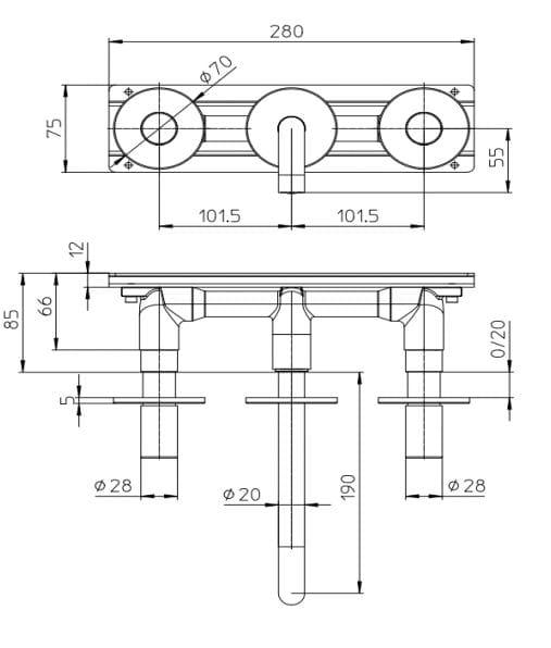 Настенный смеситель для раковины из нержавеющей стали с 3 отверстиями Bossini NOBU-Inox AISI 316L ARCH-00110834 - Вид №2