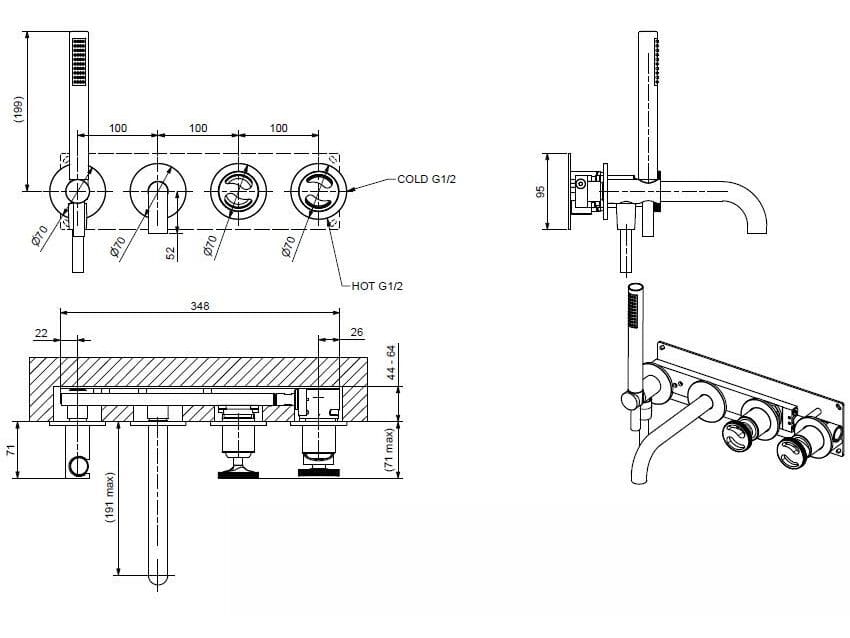 Хромированный латунный настенный смеситель для ванны Bugnatese тысяча девятьсот пятьдесят ARCH-00139700 - Вид №2