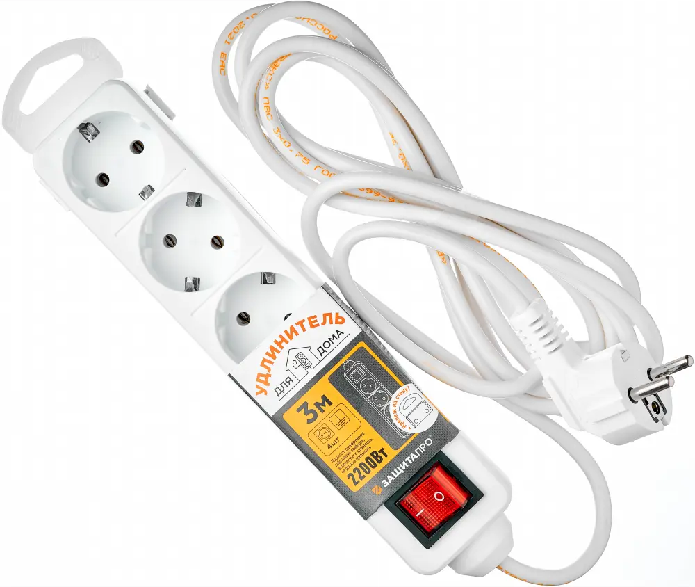 Удлинитель Защита Про с заземлением 4 розетки, 3 метра, белый 82741175