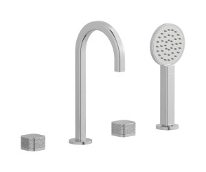 Смеситель на бортик ванной на 4 отверстий с дивертером и душевым гарнитуром. WE ARE IB eo396ss_2 Brushed Nickel Elio