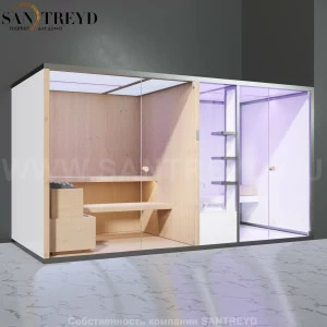 Effegibi BODYLOVE SH BL40150002 Фронтальная комбинированная баня: хаммам и сауна. Установка: в правый угол. Мощность: 15 кВт макс. Размеры: длина 393 см, ширина 176 см. Отделка: канадский хемлок без отделки.