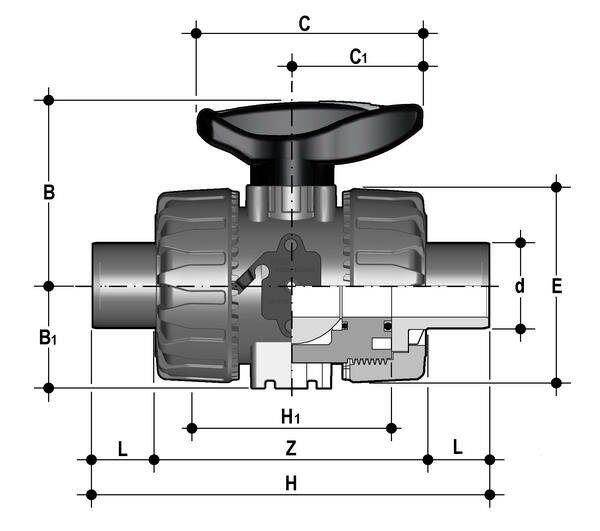 SANIT 354514206 2-ходовой шаровой кран d20-63, ВКД DualBlock®, ПВДФ, сварка сокет сварка, FKM  - Вид №1