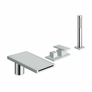 CRITA181 Смеситель для ванны, установленный на палубе, на 4 отверстия, с переключателем, изливом, выдвижным ручным душем с антилимовым покрытием, FOLLOW ME и металлической пластиной Cristina Rubinetterie