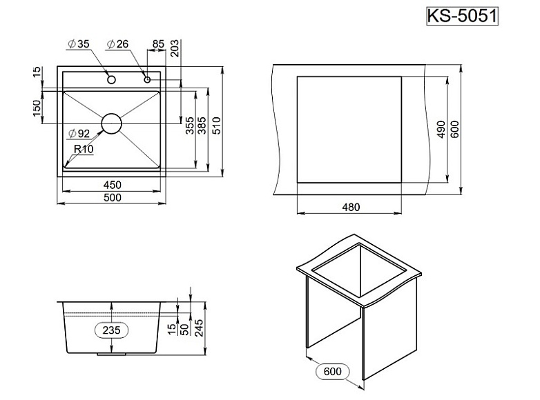 KS-5051, ЧЕРНЫЙ МАТОВЫЙ, стальная кухонная мойка KITCHEN SPACE GRANULA KS-5051-ST360 - Вид №3