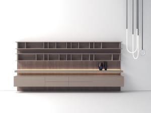 Деревянная оборудованная стена со встроенным освещением