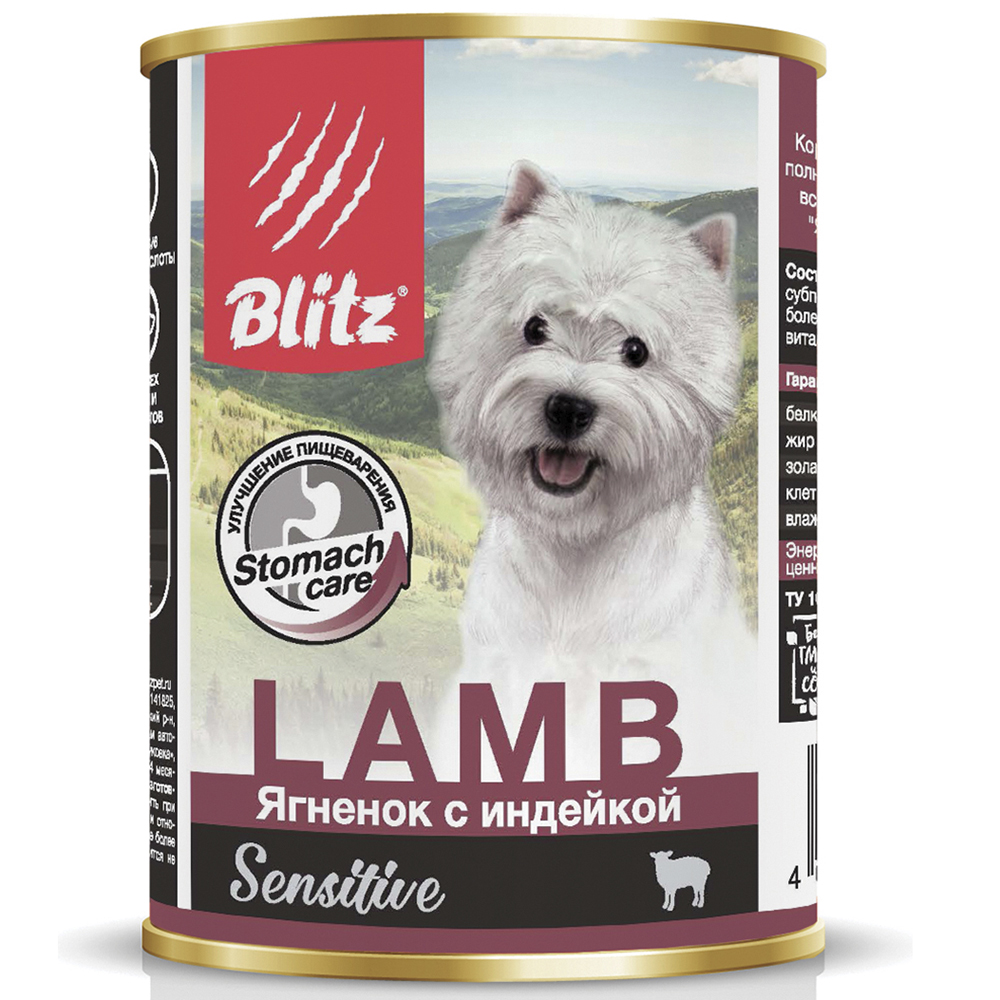 ПР0055598 Корм для собак Sensitive ягненок, индейкой банка 400г Blitz 