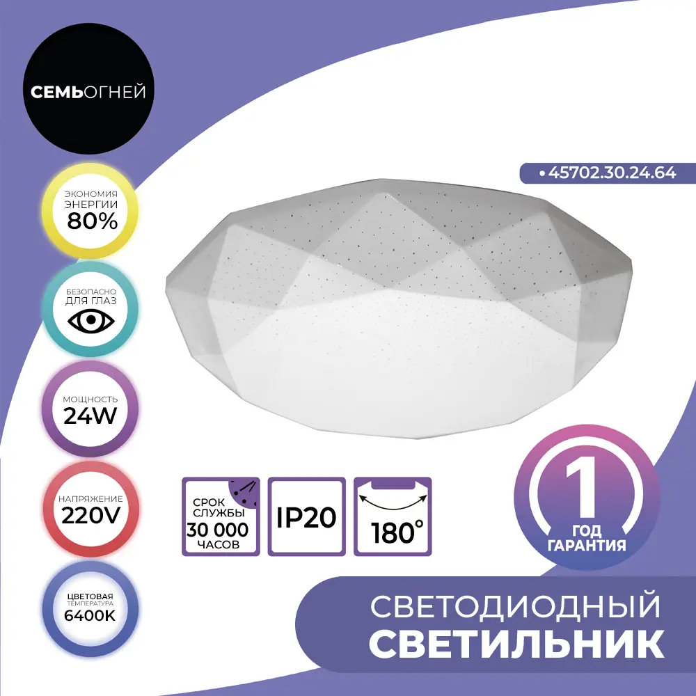 Светильник настенно-потолочный светодиодный Эйри, 9 м², 18 Вт, холодный белый свет, цвет белый матовый СЕМЬ ОГНЕЙ STLM-2000921 - Вид №3