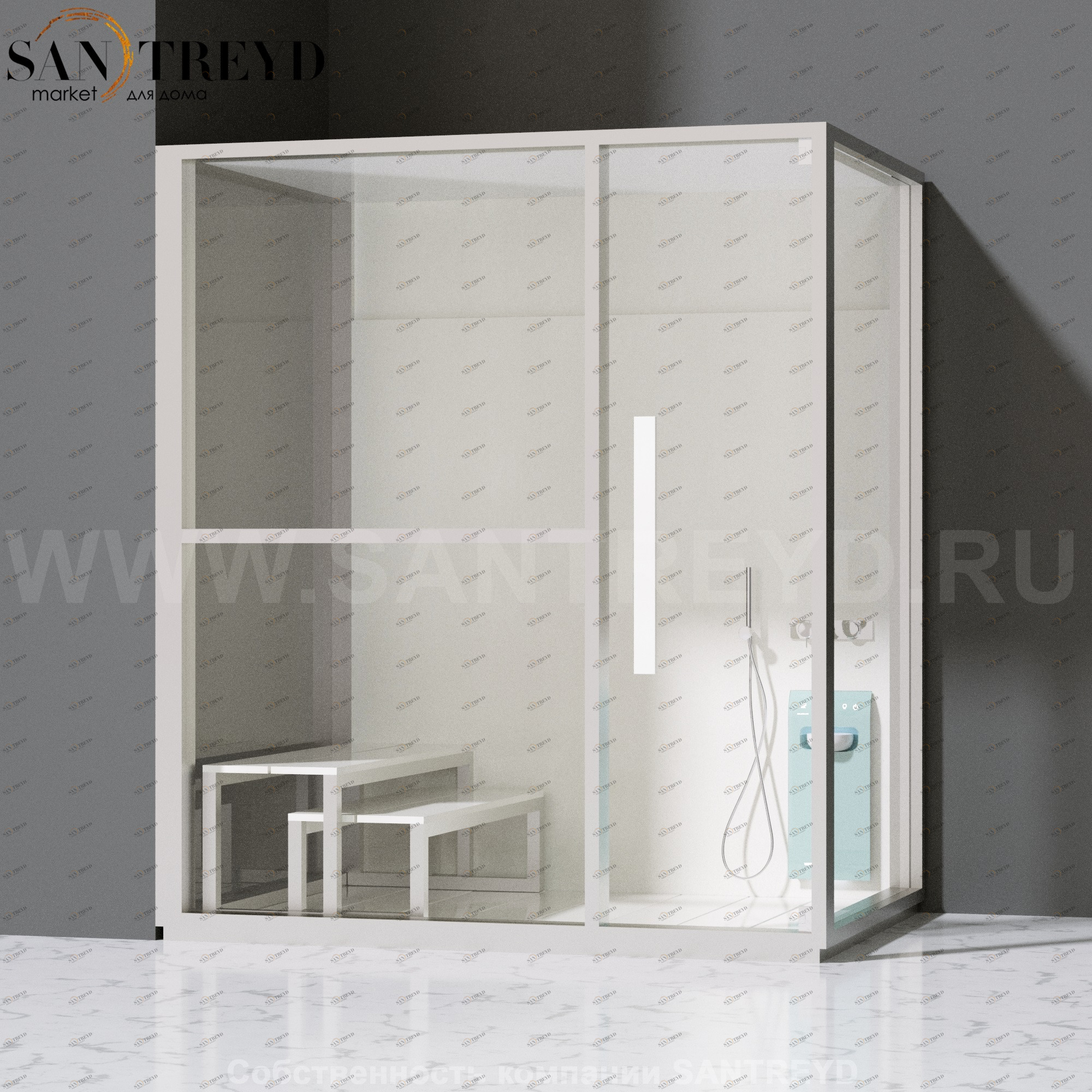 Effegibi H LARGE LO80020004 Комбинированная баня: хаммам и душ. Установка: в левый угол. Левая дверь. Мощность: 4,5 кВт макс. Размеры: длина 173 см, ширина 102 см. Отделка: матовый лакированный белый аллюминий и серый ламинат из керамогранита.