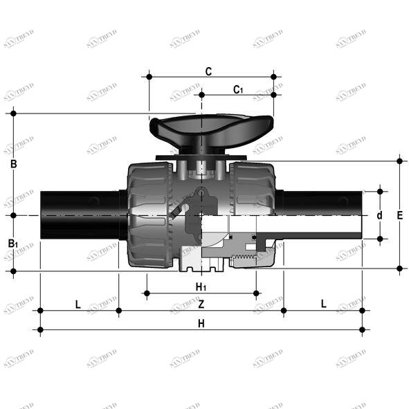 SANIT 127448031063 2-ходовой шаровой кран d20-63, VKR DualBlock®, PP, PE100-LS буртик, FPM 