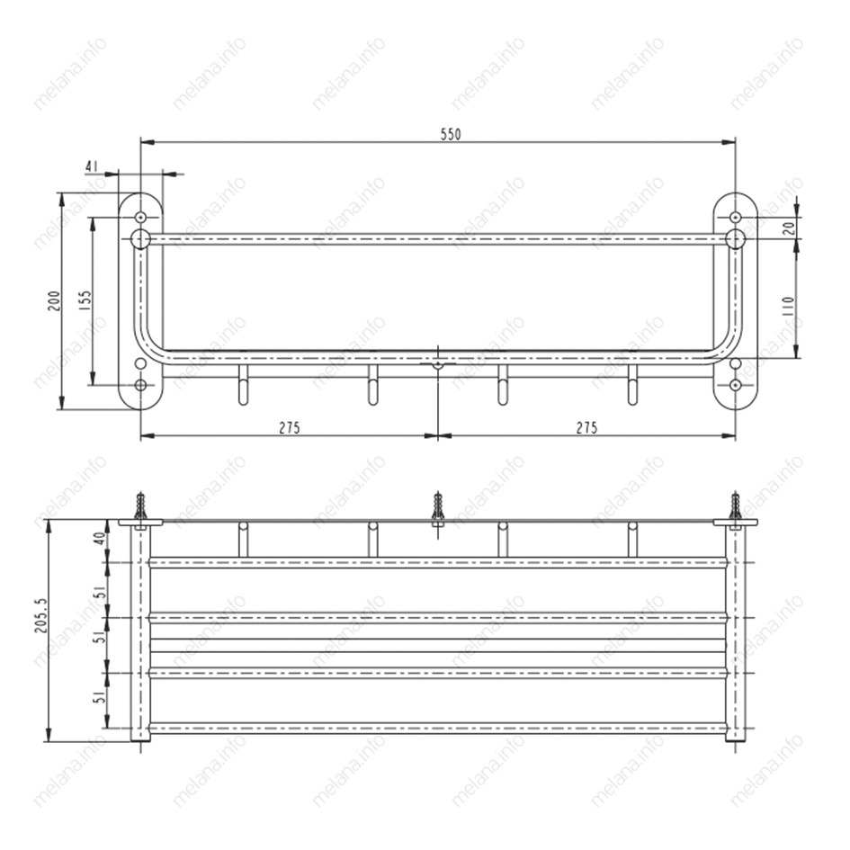Полка для полотенец с крючками MELANA AISI 304 сатин MLN-S2220 S серия - Вид №1
