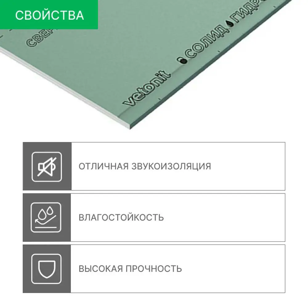 Гипсокартон влагостойкий Vetonit Аква Стронг Эрго 2000x900 мм 1.8 м² STLM-2176392 - Вид №1