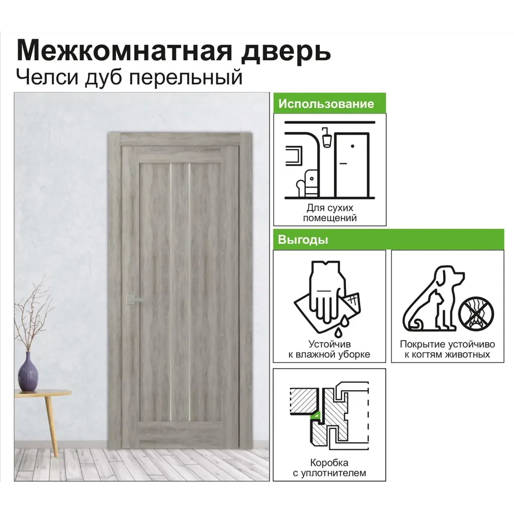 Дверь межкомнатная Челси глухая ламинация цвет дуб пепельный 80x200 см 82332430 STLM-2020095 BELWOODDOORS  - Вид №3