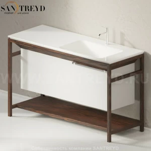 Раковина столешница с деревянной консолью коричневый дуб OTTOCENTO XL с 1 отверстием правая белая