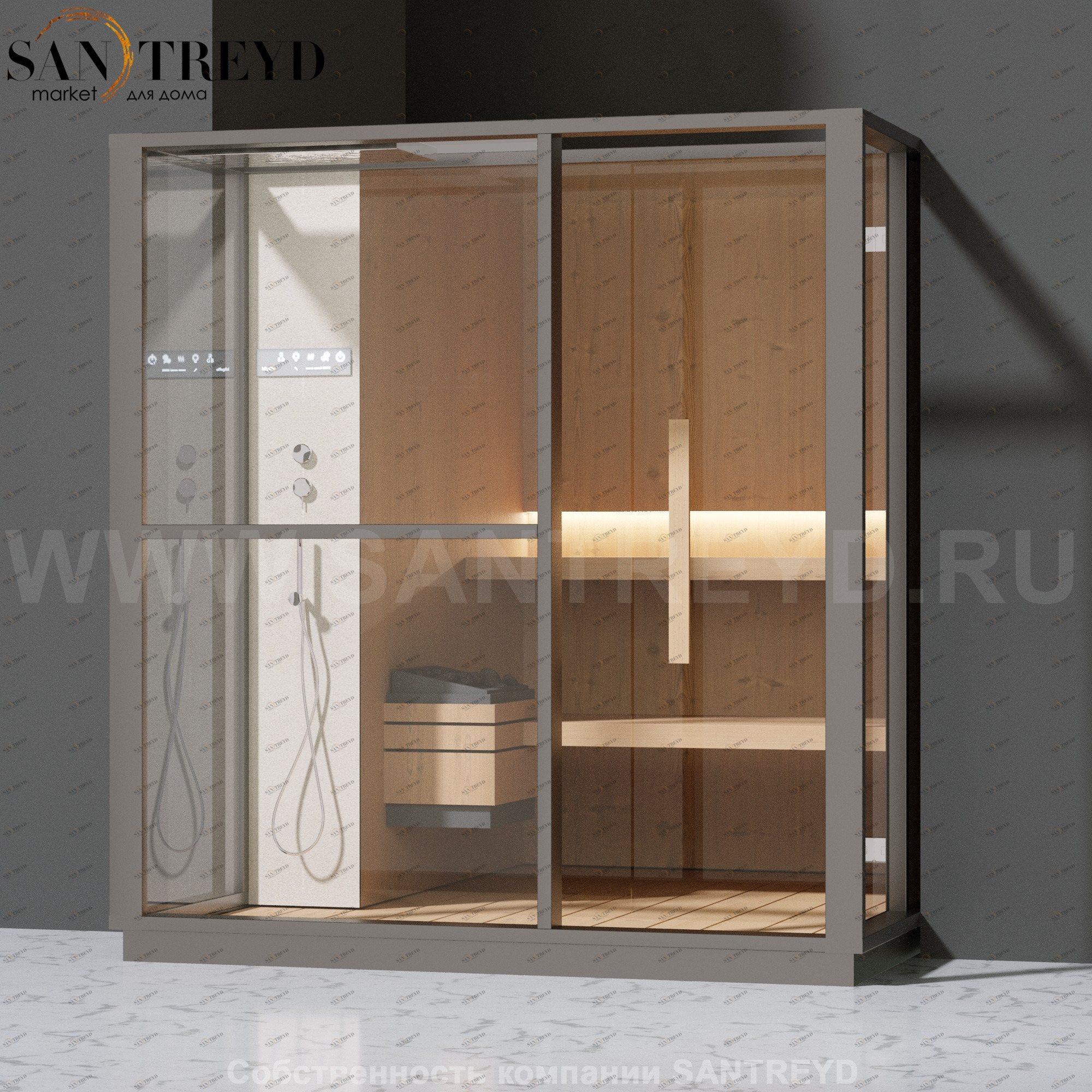 Effegibi LOGICA S LO20010012 Сауна. Установка: в полунишу. Левая дверь. Мощность: 6 кВт макс. Размеры: длина 214 см, ширина 250 см. Отделка: канадский хемлок, матовый лакированный серый аллюминий и бежевый ламинат из керамогранита.