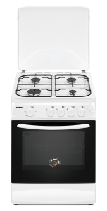 8192477 Газовая плита Kraft KF-FSK6403AGW [63 см, эмал. сталь, конф.-4 шт, дух.-газовый, 58 л, эл-поджиг., реш.-сталь, крышка-металл, белый]