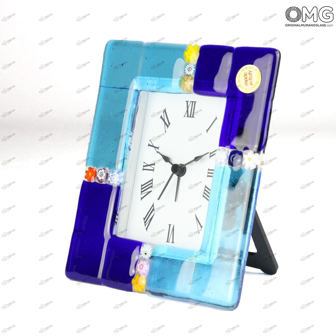 2709 ORIGINALMURANOGLASS Настольные часы с будильником - синие миллефиори - Original Murano Glass OMG  см 