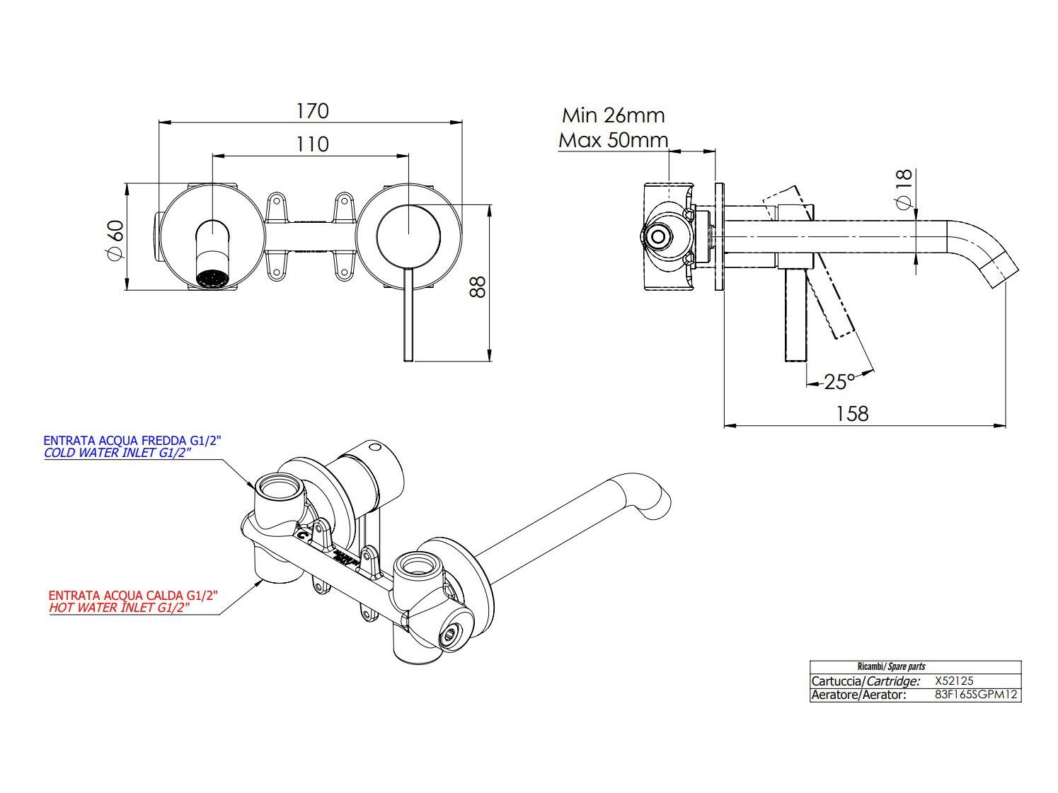 Настенный однорычажный смеситель для раковины Remer Rubinetterie метрическая ARCH-00055040 - Вид №3