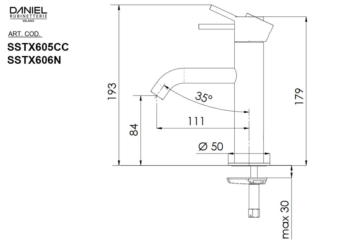 Однорычажный смеситель для раковины из нержавеющей стали Daniel Rubinetterie STEEL ARCH-00007674