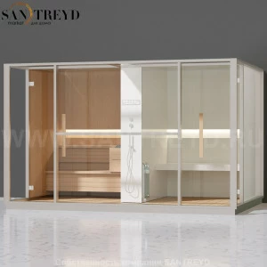 Effegibi LOGICA LO10020001 Комбинированная баня: хаммам и сауна. Установка: к стене. Мощность: 10,5 кВт макс. Размеры: длина 373 см, ширина 250 см. Отделка: канадский хемлок, матовый лакированный белый аллюминий и серый ламинат из керамогранита.