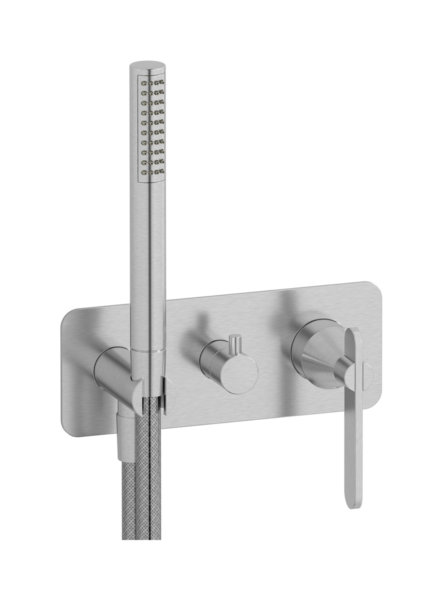 Внешние части встроенного в стену смесителя на 2 потребителя в комплекте с душевым гарнитуром. WE ARE IB oh396cs Brushed Nickel Soho