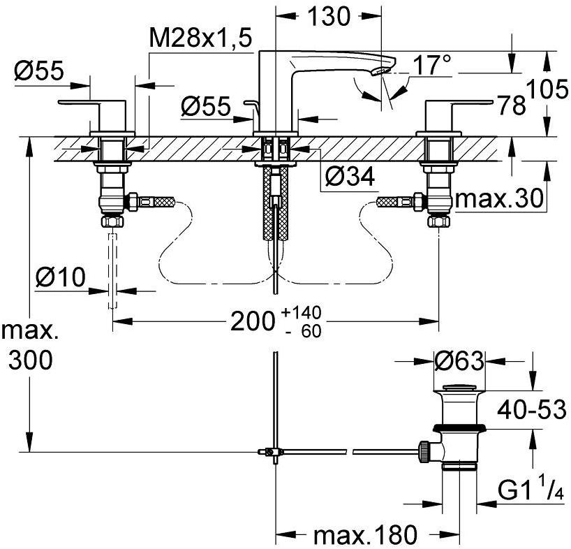 Смеситель для раковины GROHE Eurostyle Cosmopolitan на 3 отверстия с донным клапаном, хром (20208002) - Вид №1