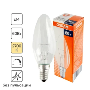 Лампа накаливания Osram E14 230 В 60 Вт свеча прозрачная 3 м2 свет тёплый белый 11963793 STLM-2196979