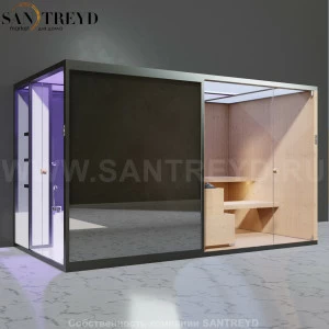 Effegibi BODYLOVE SH BL45130009 Боковая комбинированная баня: хаммам и сауна. Установка: к стене. Мощность: 15 кВт макс. Размеры: длина 393 см, ширина 176 см. Отделка: канадский хемлок, гладкое стекло и зеркало.
