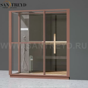 Effegibi LOGICA H LO30030008 Хаммам. Установка: в правый угол. Левая дверь. Мощность: 4,5 кВт макс. Размеры: длина 214 см, ширина 250 см. Отделка: матовый лакированный коричневый аллюминий и темный ламинат из керамогранита.