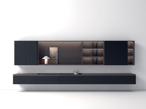 Деревянная оборудованная стена со встроенным освещением