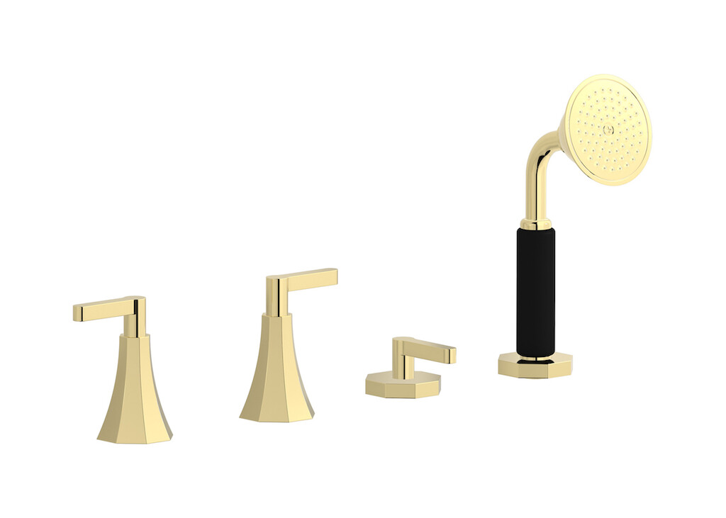 Смеситель на бортик ванной на 4 отверстия с изливом, дивертером и душевым гарнитуром. WE ARE IB bl397ii Pale Gold Belmondo 