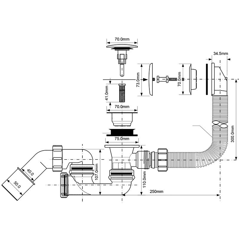 Слив-перелив McALPINE L=575 х 34 мм, гидрозатвор 50 мм, выход 40/50 мм MRB2CBPB - Вид №1