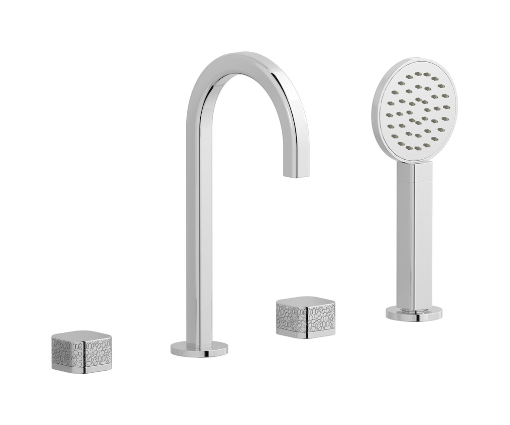 Смеситель на бортик ванной на 4 отверстий с дивертером и душевым гарнитуром. WE ARE IB eo396cc_2 Chrome Elio