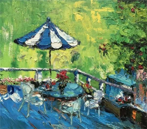 Картина на холсте 100х100 см "Стол на балконе EVENHOME КАРТИНЫ МАСЛОМ 129916 Голубой;зеленый;синий