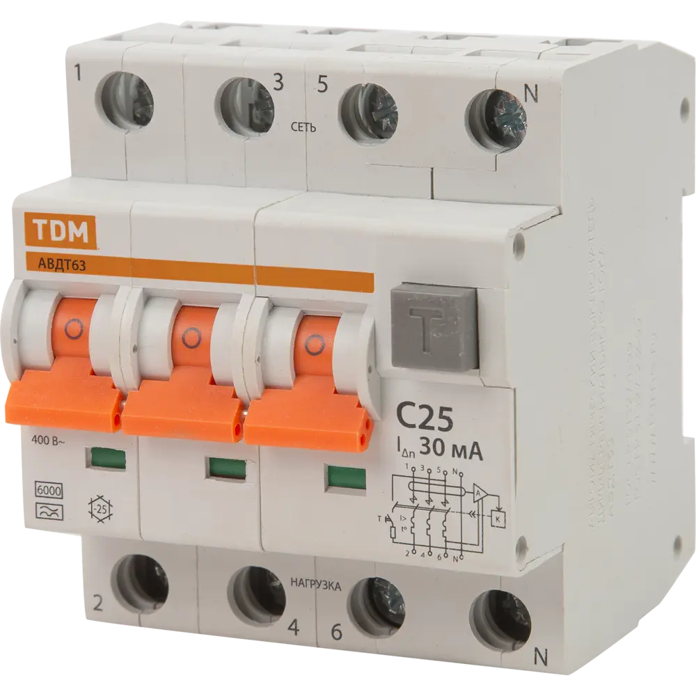 Дифференциальный автомат TDM Electric АВДТ63 3Р N - защита от токов утечки 30 мА 84399460 STLM-1103909