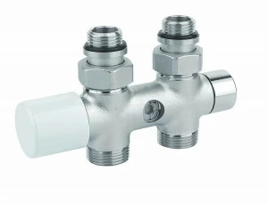 Carlo Poletti V48510QSB Клапан одно/двухтрубный с бай-пасс и держателем. Версия углом с подключением медной или пластиковой трубы. Межосевое расстояние 50 мм.