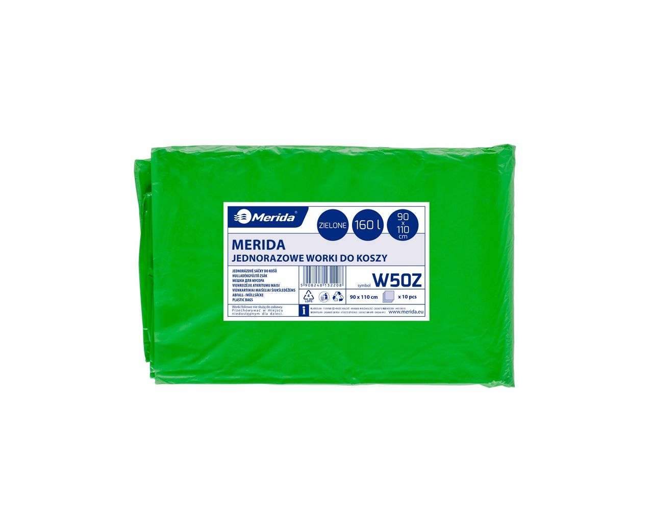 W50Z Одноразовые мешки для мусора, 90 x 110 см, вместимость 160 л, 10 шт. в упаковке, ЗЕЛЕНЫЕ, LDPE Merida 
