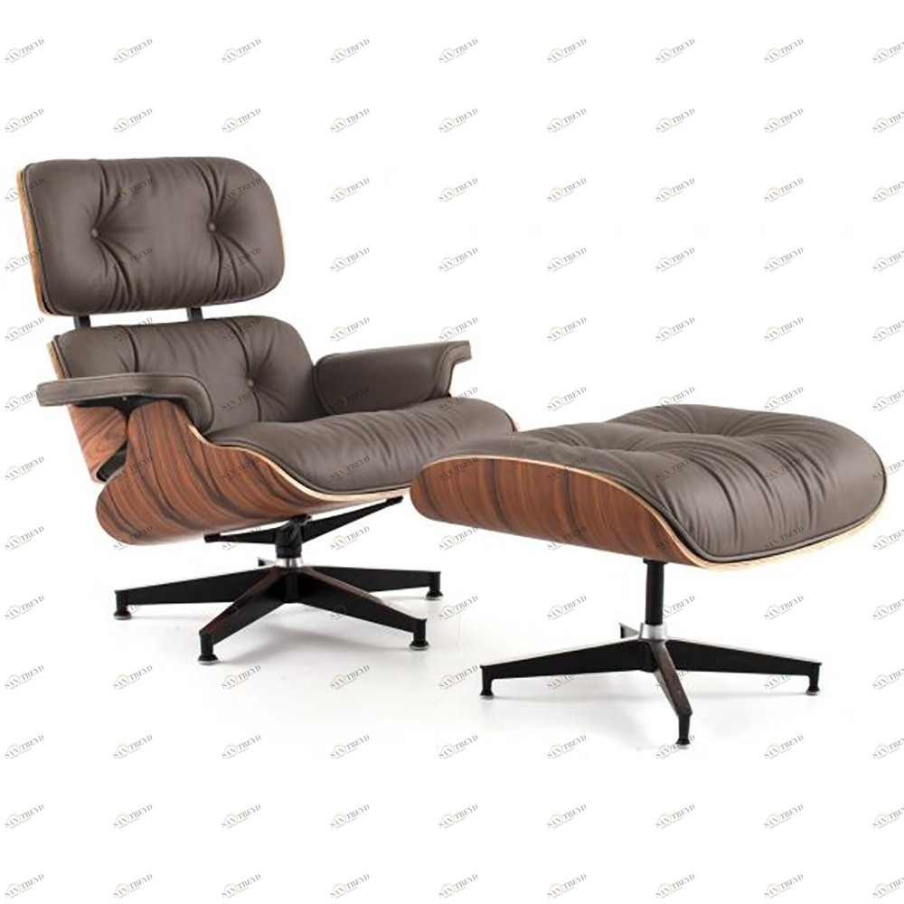 Кресло кожаное серо-коричневое с подставкой для ног Eames Style Lounge Chair SOHO DESIGN ДИЗАЙНЕРСКИЕ, LOUNGE CHAIR 131499 Венге 