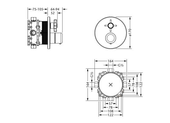 Термостат для душа скрытого монтажа ½" с запорным вентилем JOERGER Serie 1909 629.40.360.000 - Вид №1