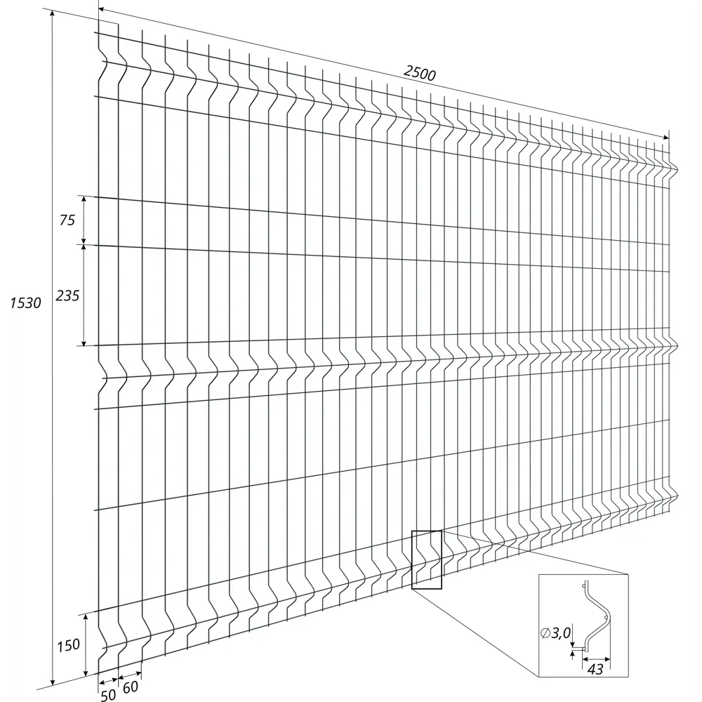 3D панель для забора Fine 2.5x1.53 м RAL 7024 серый 3 ребра Santreyd STLM-2065351 - Вид №2