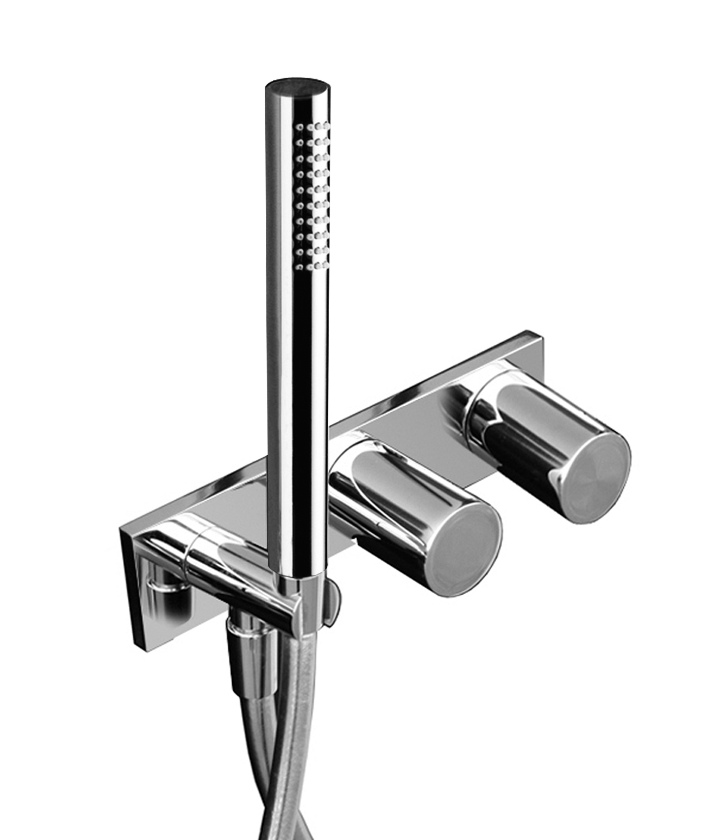 E584B+D184A  Встраиваемый смеситель для душаручки переключатель с закрытием, на 2 потока с поворотной кнопкой ручная лейка SUN шланговое подсоединение с держателем для ручной лейки гибкий шланг 150 см ПВХ впуски 1/2'' Звукоизолированные N.B. ручной душ FI Fantini Rubinetti 